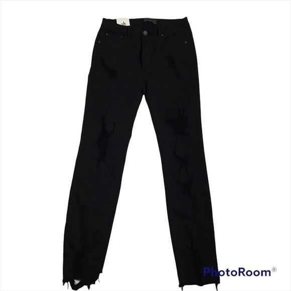 NWT American Bazi Skinny High Rise Jeans Black Sz 7 Distressed Destroyed - Picture 1 of 13